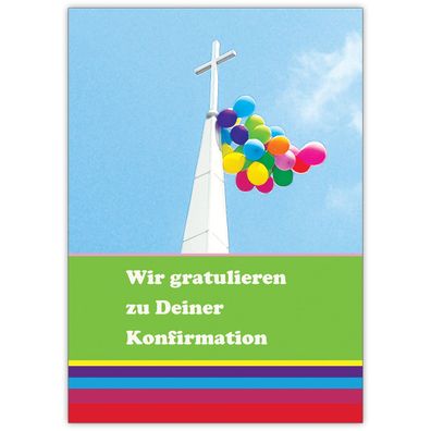 4x Fröhliche bunter Glückwunsch zur Konfirmation mit Kreuz und Luftballons