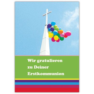 4x Fröhliche bunter Glückwunsch zur Erstkommunion mit Kreuz und Luftballons