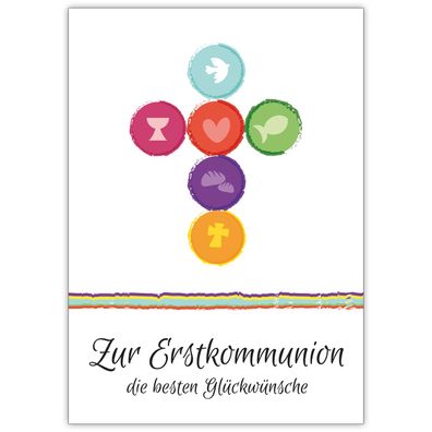 4x Frische moderne Kommunions Karte mit Kreuz aus Symbolen: Zur Erstkommunion die bes