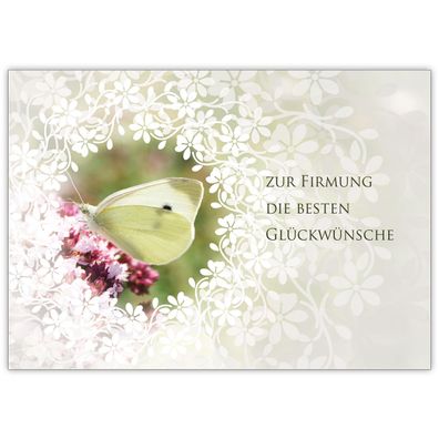 4x Traumhafte Glückwunsch Karte mit Schmetterling und Blüten "Zur Firmung die besten