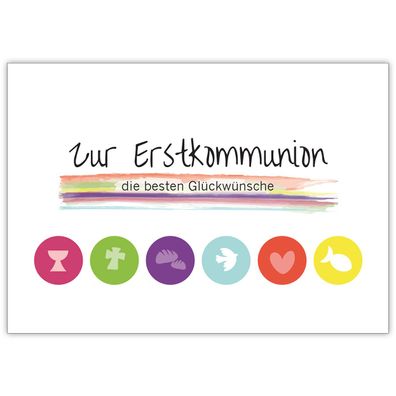 Moderne Grusskarte mit christlichen Symbolen in Regenbogen Farben "Zur Erstkommunion
