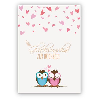 Entzückende Hochzeitskarte mit zwei süße Eulen und viel Herz: Glückwunsch zu Hochzeit
