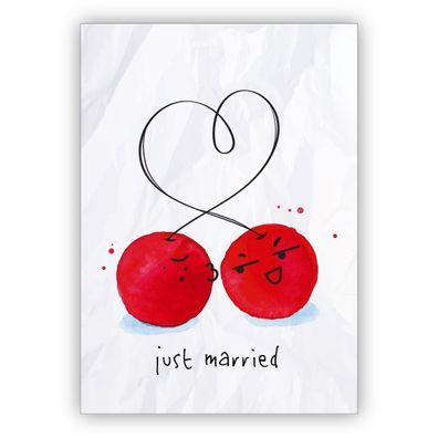 Lustige Hochzeitskarte mit Herz und küssenden Kirschen als Glückwunsch für das Brautp