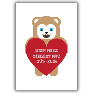4x Herzige Valentinskarte mit süßem Herz Bärchen: Mein Herz schlägt nur für Dich