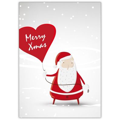 4x Wunderschöne Weihnachtskarte Santa im Schnee mit Herz Ballon: Merry Xmas