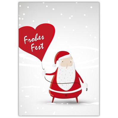 4x Süße Weihnachtskarte Santa im Schnee mit Herz Ballon: Frohes Fest