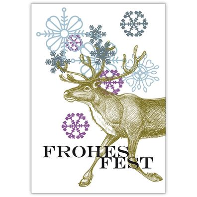 4x Feine Weihnachtskarte mit elegantem Hirsch vor Schneeflocken: Frohes Fest
