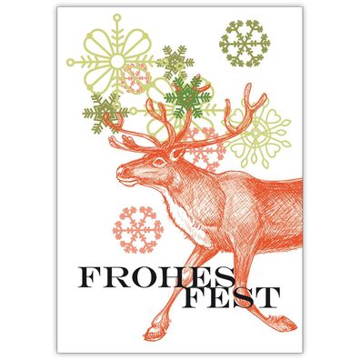 4x Ausgesuchte Weihnachtskarte mit Weihnachts Hirsch vor Schneeflocken: Frohes Fest