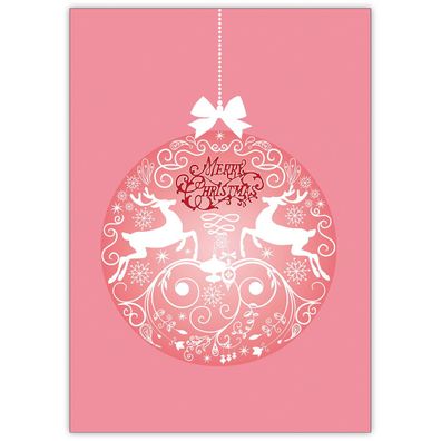 4x Coole rosa Weihnachtskarte mit ornamentaler Hirsch Weihnachtskugel