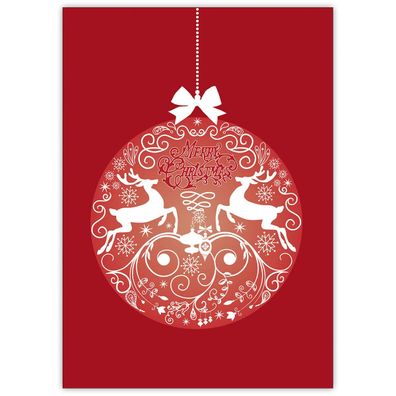 4x Feine rote Weihnachtskarte mit ornamentaler Hirsch Weihnachtskugel