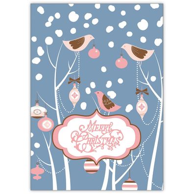4x Süße Vogel Weihnachtskarte mit Schnee: Merry Christmas