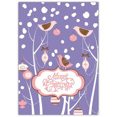 4x Romantische Vogel Weihnachtskarte mit Schnee: Merry Christmas