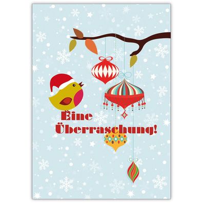4x Niedliche Weihnachtskarte mit Vögelchen vor Schneeflocken