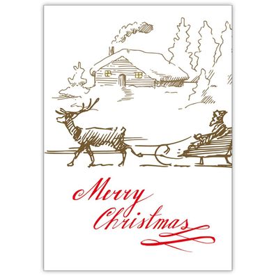 4x Wunderschöne gezeichnete Weihnachtskarte mit Weihnachtsmann Schlitten