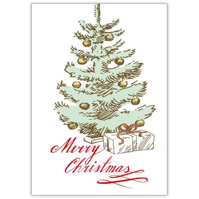 4x Klassische Vintage Weihnachtskarte mit geschmücktem Weihnachtsbaum
