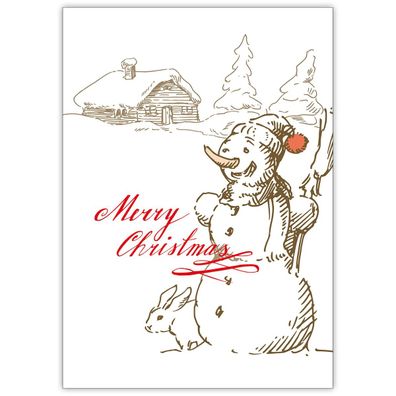 4x Süße Vintage Weihnachtskarte mit Schneemann und Häschen: Merry Christmas
