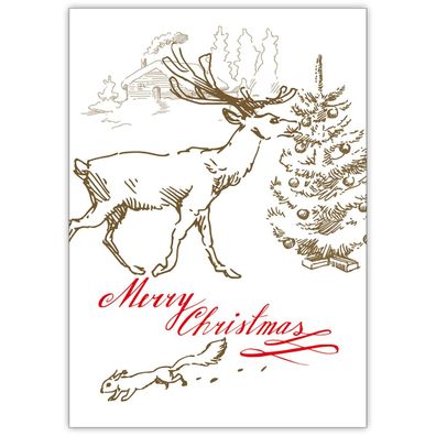 4x Schöne Vintage Weihnachtskarte mit Hirsch und Eichhörnchen am Weihnachtsbaum