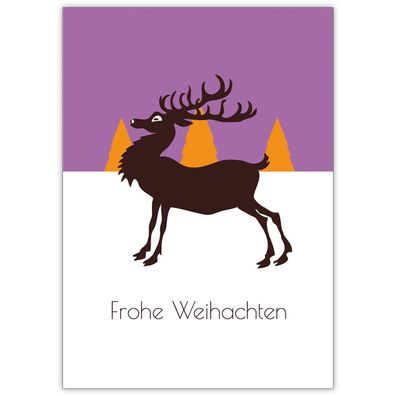 4x Nette Designer Weihnachtskarte mit edlem Hirsch, lila: Frohe Weihnachten