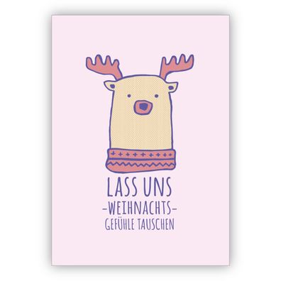4x Lustige rosa Weihnachtskarte mit Eisbär Elch: Lass uns Weihnachtsgefühle tauschen