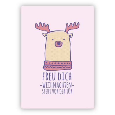 4x Lustige rosa Weihnachtskarte mit Eisbär Elch: Freu Dich Weihnachten steht vor der