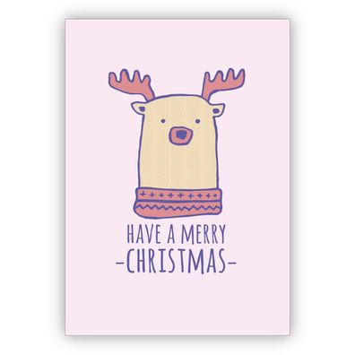 4x Lustige rosa Weihnachtskarte mit Eisbär Elch: Have a merry christmas