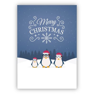 4x Süße Weihnachtskarte mit Pinguin Familie: Merry Christmas