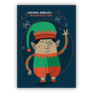 4x Fröhliche Retro Elfen Weihnachtskarte: Juchhu, endlich Weihnachten