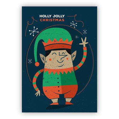 4x Fröhliche Retro Elfen Weihnachtskarte: Holly Jolly Christmas