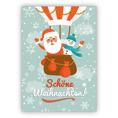 4x Fröhliche Winter Weihnachtskarte mit Santa im Heißluftballon: Schöne Weihnachten
