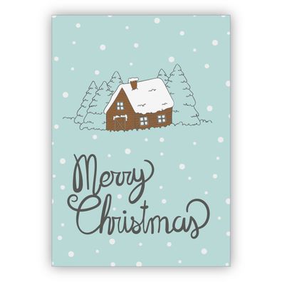 4x Winterliche Weihnachtskarte mit Häuschen: Merry Christmas
