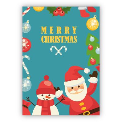 4x Bunte Retro Weihnachtskarte mit winkendem Santa und Schneemann: Merry Christmas