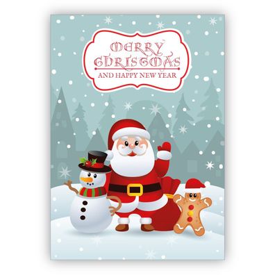 Zauberhafte Weihnachtskarte mit Weihnachtsmann, Schneemann und Lebkuchen Männchen wün