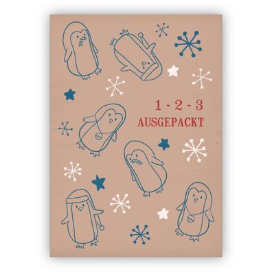 Süße Retro Weihnachtskarte mit kleinen Pinguinen zwischen Schneeflocken: 1-2-3- ausge