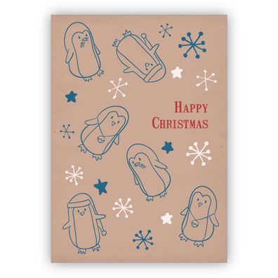 4x Süße Retro Weihnachtskarte mit kleinen Pinguinen zwischen Schneeflocken: Happy Chr