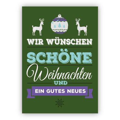 Edle Typografische Weihnachtskarte mit Hirschen auf grün: Wir wünschen schöne Weihnac