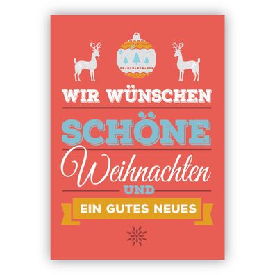 Edle Typografische Weihnachtskarte mit Hirschen auf rot: Wir wünschen schöne Weihnach