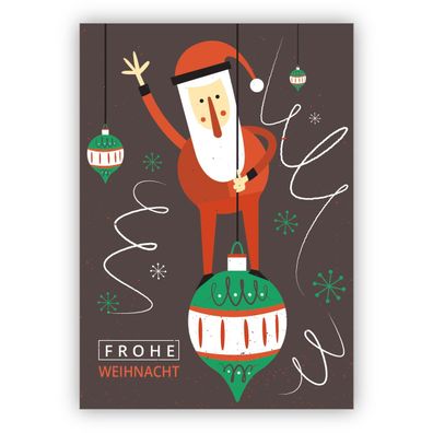 4x Tolle Retro Weihnachtskarte mit Santa auf Weihnachtskugel auf braun: Frohe Weihnac