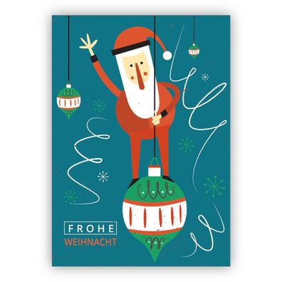 4x Ausgesuchte Retro Weihnachtskarte mit Santa auf Weihnachtskugel auf blau: Frohe We