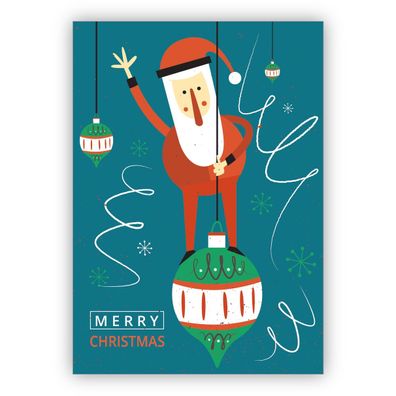 Überraschende Retro Weihnachtskarte mit Santa auf Weihnachtskugel auf blau: Merry Chr
