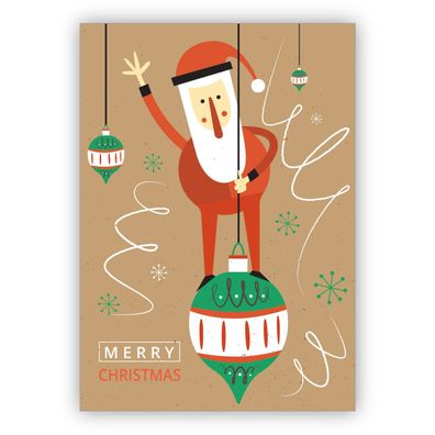 Liebevolle Retro Weihnachtskarte mit Santa auf Weihnachtskugel auf beige: Merry Chris
