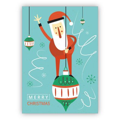 Tolle Retro Weihnachtskarte mit Santa auf Weihnachtskugel auf hellblau: Merry Christm