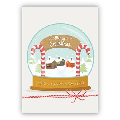 4x Niedliche Weihnachtskarte mit Schneekugel: Merry Christmas and a happy new year