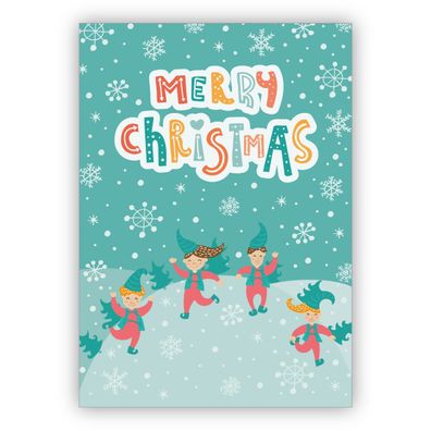4x Kindliche Weihnachtskarte mit fröhlichen Wichteln: Merry Christmas