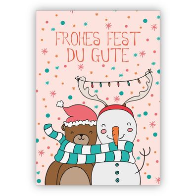 4x Tolle Freundschafts Weihnachtskarte mit Bär und Schneemann: Frohes Fest Du Gute