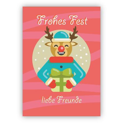 4x Nette Weihnachtskarte mit Rentier: Frohes Fest liebe Freunde