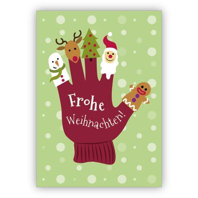 4x Lustige Weihnachtskarte mit Handschuh und Fingerpuppen: Frohe Weihnachten!