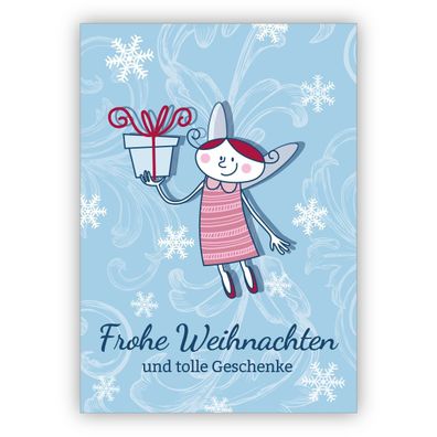 4x Niedliche Weihnachtskarte mit Geschenke Engel: Frohe Weihnachten und tolle Geschen