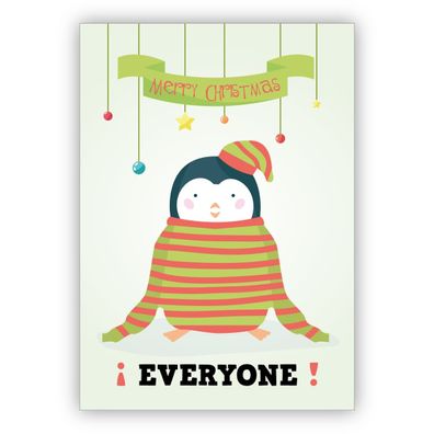 4x Süße Weihnachtskarte mit Pinguin in großem Pullover: Merry Christmas Everyone