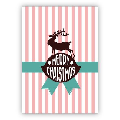 4x Edle Weihnachtskarte mit Hirsch auf rosa Streifen: Merry Christmas