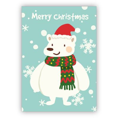 Zauberhafte Weihnachtskarte mit Eisbär im Schneegestöber: Merry Christmas